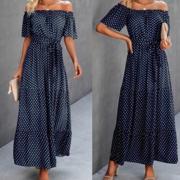 BellanBlue Dresses & Skirts - Boho polka dot off shoulder Belted Maxi dress